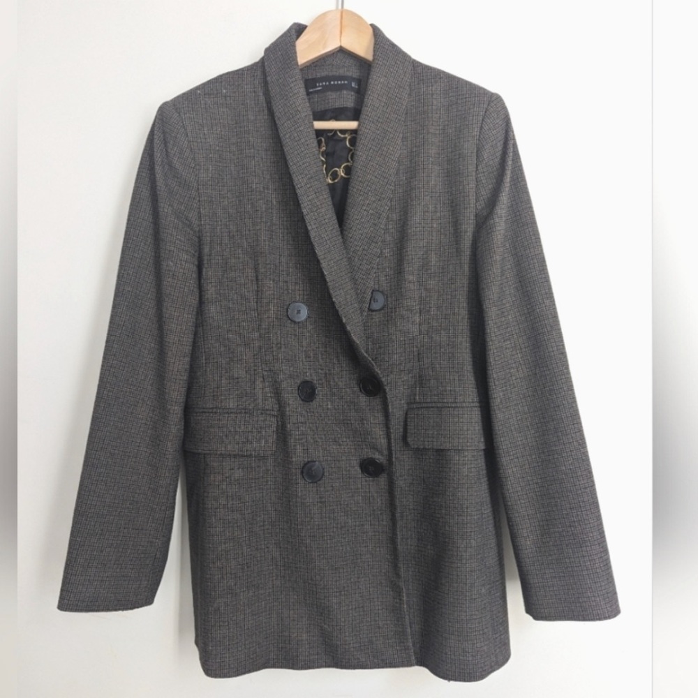 Zara Woman Long Fitted Blazer Mini Check Plaid size Large